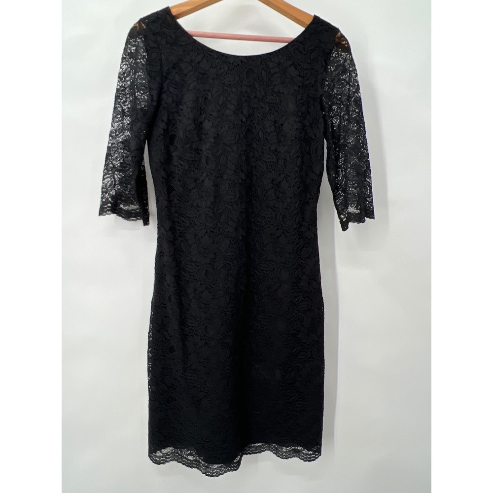 Banana Republic Black Lace Sheath Dress Petite 2 3/4 Sleeve‎ V-Back Dark Fairy